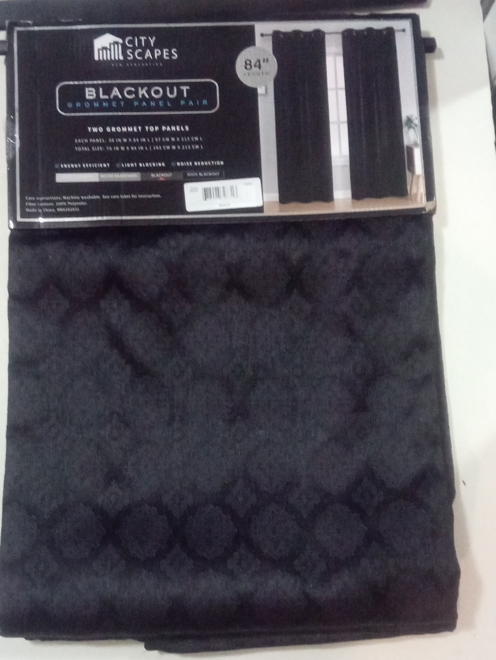 City Scapes Blackout Grommet Curtain Panel Pair Black 84" NWT $110 Damask